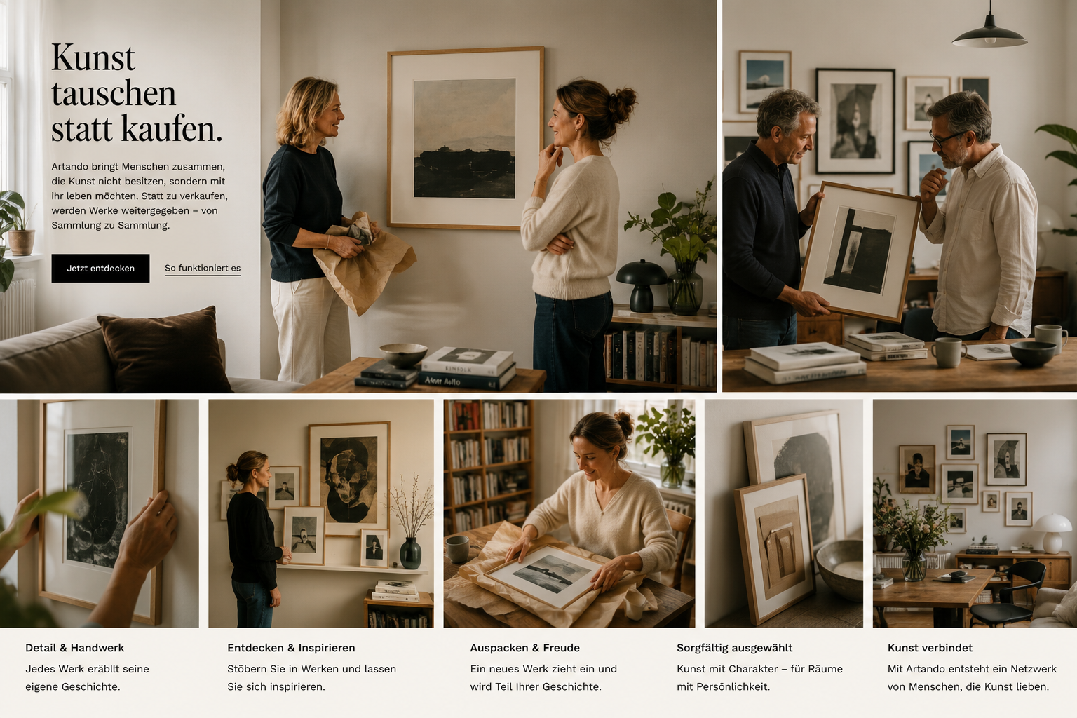 Menschen tauschen gerahmte Kunstwerke in hellen, wohnlichen Räumen